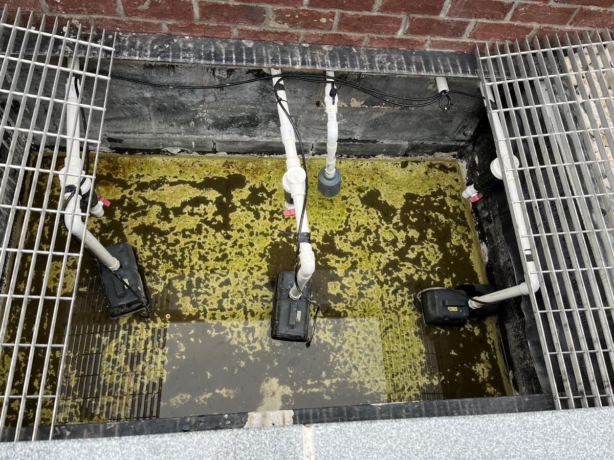 Drained fountain basin with pumps