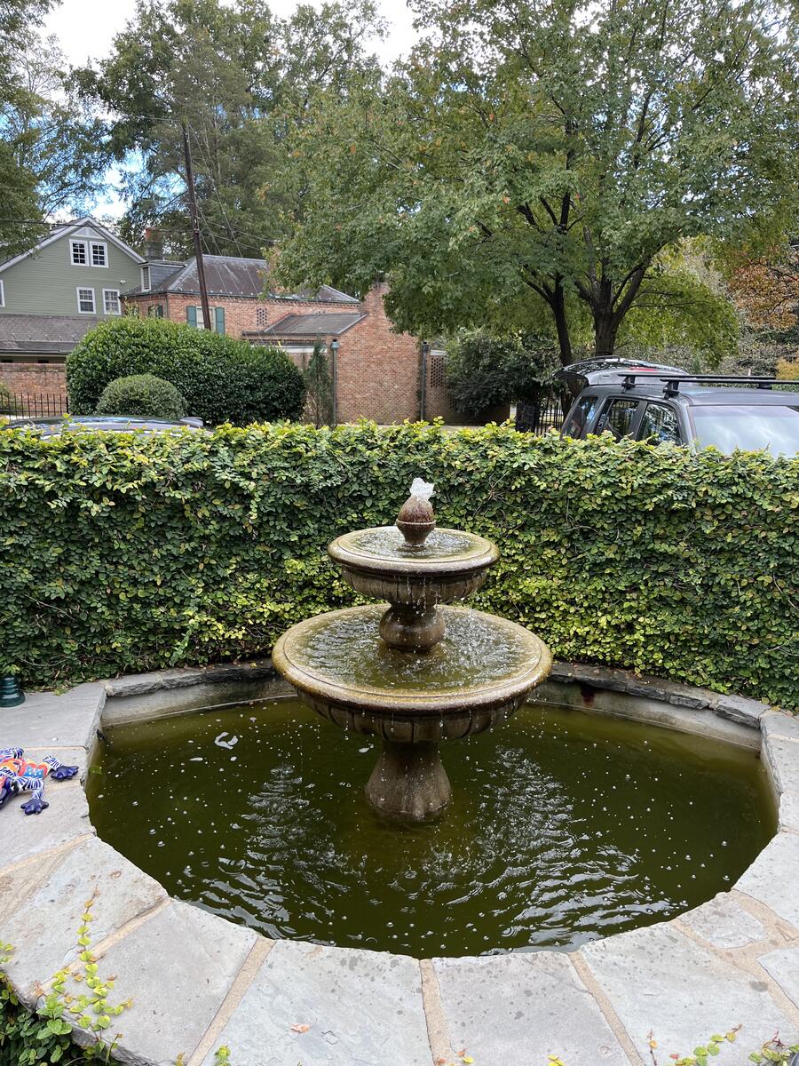 Fountain with green murky water